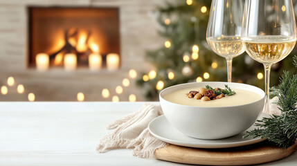 Poster - cozy winter dinner scene featuring warm soup, elegant glasses, and festive fireplace ambiance