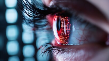Poster - Closeup of a human eye with a glowing digital overlay representing technology and data visualization : Generative AI