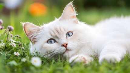Poster - Adorable fluffy white cat lounging in fresh green grass surrounded by colorful flowers : Generative AI