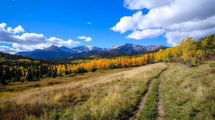 Poster - Beautiful Mountain Trail Surrounded by Autumn Foliage and Clear Blue Sky : Generative AI