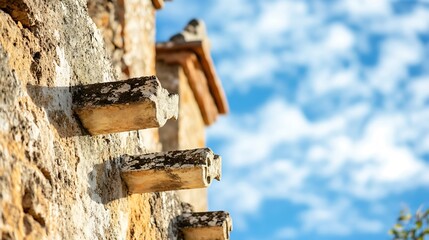 Poster - Ancient stone wall detail with intricate textures and blue sky in a historical setting showcasing architectural beauty : Generative AI