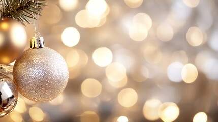 Poster - Elegant golden Christmas ornament hanging with sparkling bokeh lights creating a festive ambiance : Generative AI