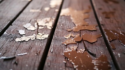 Poster - Abstract view of peeling paint on wooden surface showcasing layers of texture and age : Generative AI