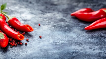 Poster - Fresh spicy red peppers and pink peppercorns arranged on a stone surface showcasing vibrant colors : Generative AI