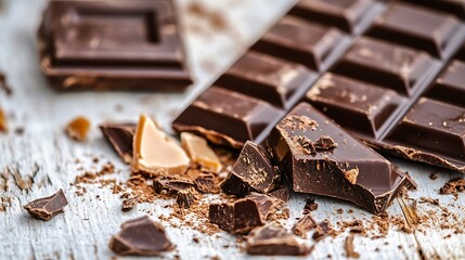 Aufkleber - An inviting closeup view of a broken chocolate bar surrounded by chocolate crumbs highlighting its rich texture and color : Generative AI