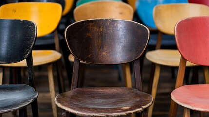 Wall Mural - Group of colorful wooden chairs stacked together showcasing vintage design and charm : Generative AI