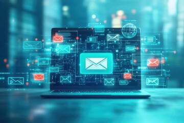 Leinwandbilder - Laptop with multiple email icons displayed on the screen in a modern workspace setting