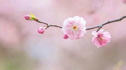 Poster - Charming close up of delicate pink cherry blossom flowers on branch against a softly blurred background : Generative AI