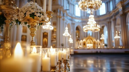 Aufkleber - Elegant interior view of a beautifully lit church with ornate details and flickering candles creating atmosphere : Generative AI