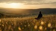 © Generative AI - Contemplative individual sitting amidst a beautiful golden sunset in an open field : Generative AI