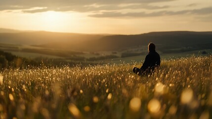 Poster - Contemplative individual sitting amidst a beautiful golden sunset in an open field : Generative AI