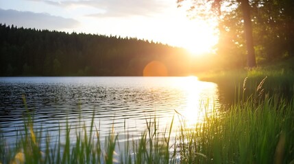 Poster - Serene lakeside view at sunset with sunlight reflecting on the water surface surrounded by greenery : Generative AI