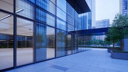 Poster - Sleek modern buildings with glass facades reflecting urban architecture and greenery in a vibrant city landscape : Generative AI