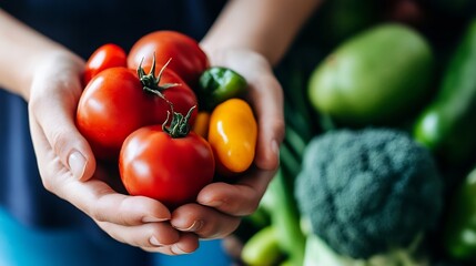 Poster - Freshly harvested colorful vegetables held in hands showcasing healthy eating : Generative AI