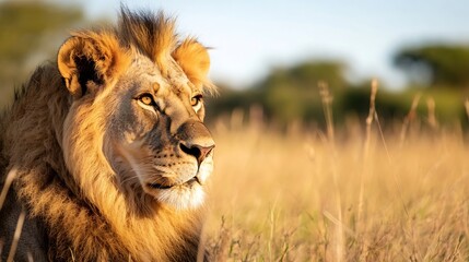 Poster - A majestic lion resting in golden grass under the soft sunlight in the wild : Generative AI