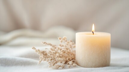 Poster - Elegant scented candle burning softly next to dried flowers on a light fabric background : Generative AI