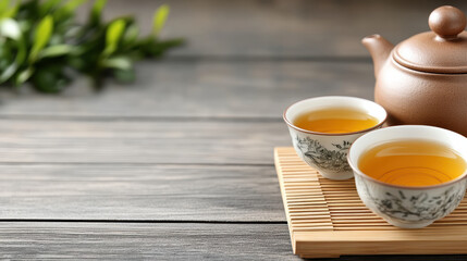 traditional Chinese tea set with two cups and teapot, evoking tranquility