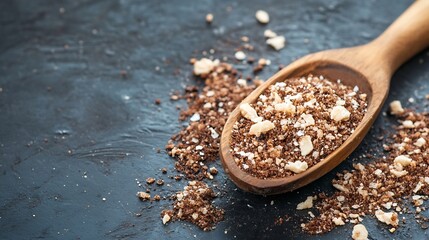 Poster - Close Up of Brown Sugar Blend on Wooden Spoon with Dark Background for Cooking and Baking : Generative AI