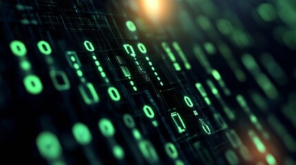 Fototapete - Close up of glowing binary code data streams flowing in a digital environment emphasizing technology : Generative AI