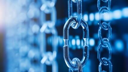 Fototapete - Closeup of shining metal chains linked together against a backdrop of digital connections : Generative AI