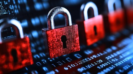 Fototapete - Digital locks representing cybersecurity and online safety with a backdrop of computer code and data visualization : Generative AI