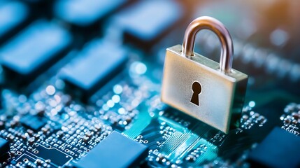 Poster - Secure Digital Lock Symbolizing Data Protection and Cybersecurity on a Circuit Board : Generative AI