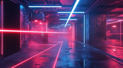 Leinwandbilder - A cyberpunk-inspired stage with vibrant red and blue laser lights beaming through fog and darkness.