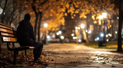 Poster - Solitary figure on a park bench during a serene autumn evening with soft glowing lights : Generative AI