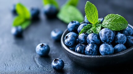Aufkleber - Fresh and Juicy Blueberries with Mint Leaves Served in a Bowl on Dark Background : Generative AI