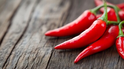 Poster - Fresh Red Chili Peppers on Wooden Table Surface Perfect for Spicy Dishes : Generative AI