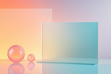 Fototapete - Elegant geometric glass shapes and spheres create a modern pastel studio still life scene.