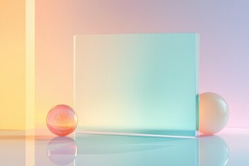 Fototapete - Minimalist 3D render featuring translucent glass and glossy spheres illuminated with soft, pastel light.
