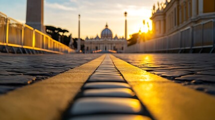 Aufkleber - Scenic view of historic architecture with cobblestone streets captured during golden sunset light : Generative AI