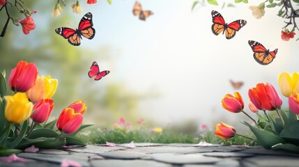 Poster - A colorful bunch of flowers with butterflies fluttering around in a bright garden setting