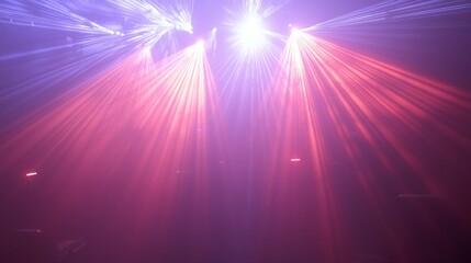 Aufkleber - A dramatic concert light display with red and blue laser lights glowing through thick stage fog.