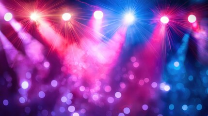 Aufkleber - A dramatic concert light display with red and blue laser lights glowing through thick stage fog.