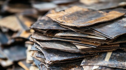 Fototapete - Stack of Old Dry Papers in Dimly Lit Vintage Setting with Textures : Generative AI