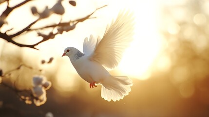 Poster - Serene White Dove in Flight Against a Beautiful Sunset Background : Generative AI