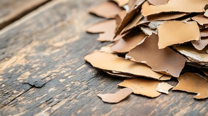 Poster - Close up view of textured leather scraps arranged on rustic wooden surface : Generative AI