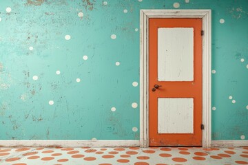 Poster - Colorful interior with turquoise wall, orange door, and playful polka dots on floor in a bright, stylish room