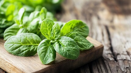 Poster - Bright Green Fresh Oregano Leaves Artfully Arranged on a Rustic Wooden Surface for Culinary Use : Generative AI