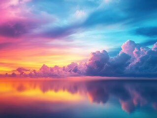 Poster - Stunning sunset view over tranquil ocean with colorful clouds and gentle waves in the foreground