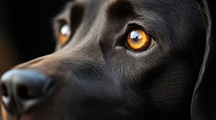 Poster - Close up of a curious dog showing warm brown eyes and shiny coat against a soft blurred background : Generative AI