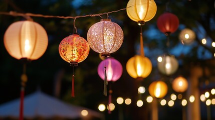 Poster - Vibrant and Artistic Lanterns Illuminated at Night Creating a Magical Atmosphere Outdoors : Generative AI
