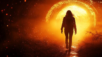 Poster - Woman walks towards fiery portal, forest background, adventure concept