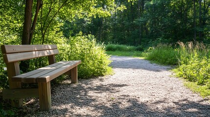 Poster - Inviting wooden bench along a peaceful gravel path surrounded by lush greenery in a forest : Generative AI