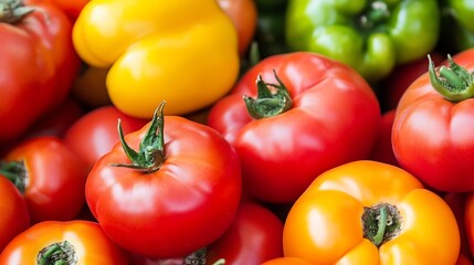 Poster - Fresh colorful tomatoes and bell peppers stacked together in a vibrant display at a market : Generative AI