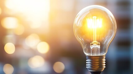 Aufkleber - Closeup of a glowing vintage light bulb emitting warm light against a blurred urban background : Generative AI