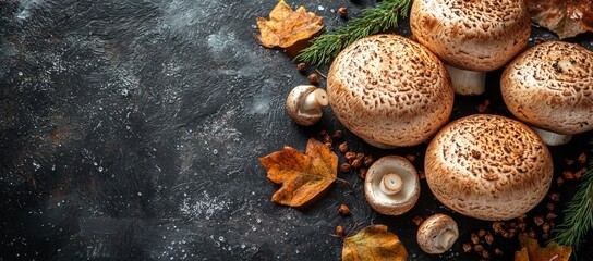 Wall Mural - Autumn mushrooms on dark background, food photography, recipe, cooking