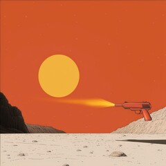 Poster - Surreal Landscape with a Giant Sun and Abstract Gun Shooting in a Desert Environment